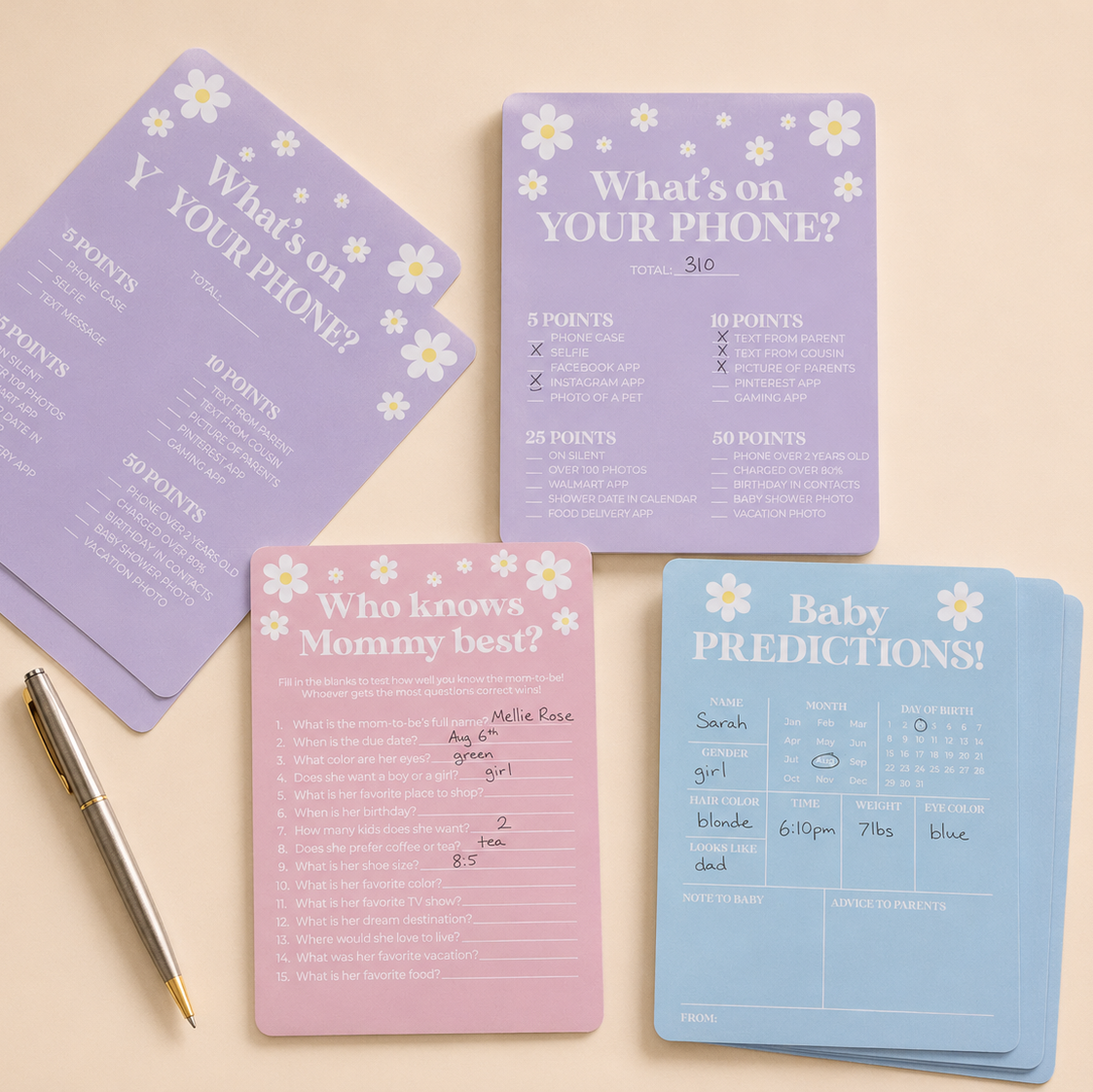 Little Daisy Baby Shower Games for 25 Guests, 75 Sheets, 3 Games - Baby Predictions, What's on Your Phone & Who Knows Mommy Best